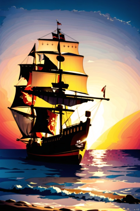 High-quality pirate ship,seascape,sunset,soft and warm colors,focal length on the ship,smoke,sails,fear in the eyes of the heroes,golden light,retro-futuristic filter