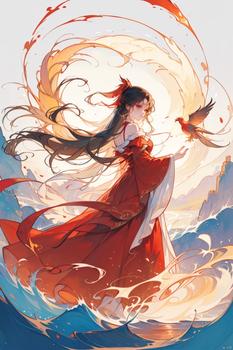 vibrant color anime illustration, a luxurious red dress worn by a woman, her dress flowing to the floor, highlighting her beauty and opulence, her hair long and flowing like waves, standing at an important moment, with a giant firebird, possibly a phoenix, in the background, its wings emitting light and flames that brighten the entire image, conveying a mystical and powerful energy, lora:LCMTurboMix2fix:1