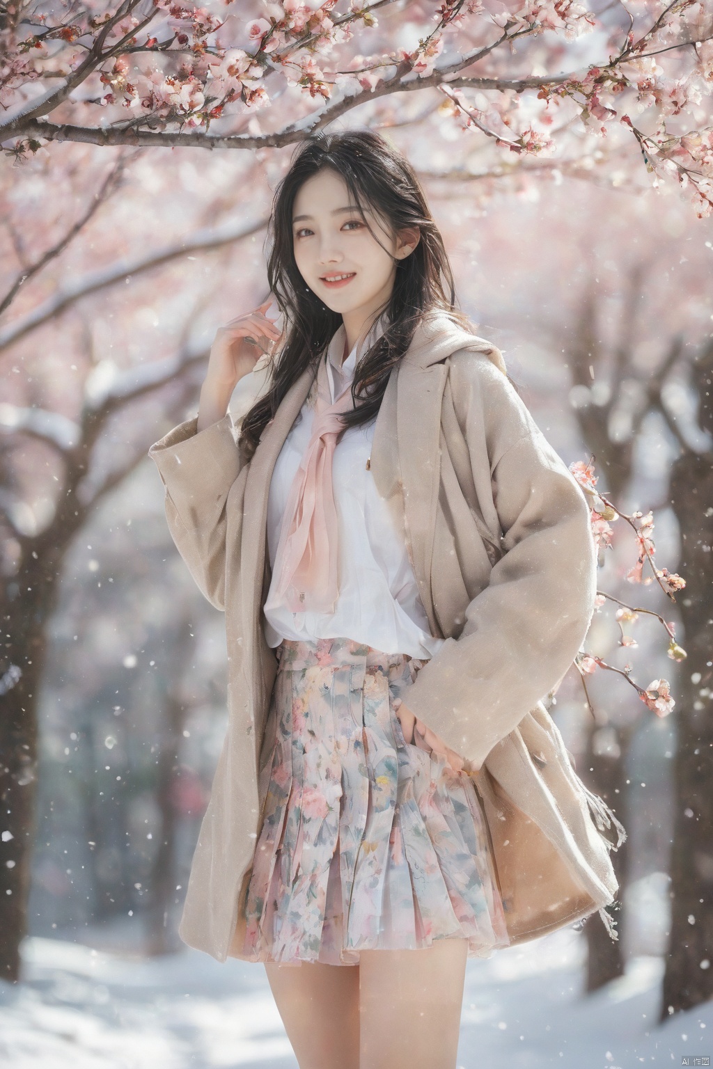  1 girl,Transparent skirt,pink face,stockings,(snow:1.2),(snowing:1.2),peach blossom,snow,solo,scarf,black hair,smile,long hair,bokeh,realistic,long coat,blurry, captivating gaze, embellished clothing, natural light, shallow depth of field, romantic setting, dreamy pastel color palette, whimsical details, captured on film,. (Original Photo, Best Quality), (Realistic, Photorealistic: 1.3), Clean, Masterpiece, Fine Detail, Masterpiece, Ultra Detailed, High Resolution, (Best Illustration), (Best Shadows), Complex, Bright light, modern clothing, (pastoral: 1.3), smiling,standing,(very very short skirt:1.5),knee socks,(white shoes: 1.4),long legs, forest, grassland,(view: 1.3), 21yo girl, striped, wangyushan, capricornus, 1girl, light master