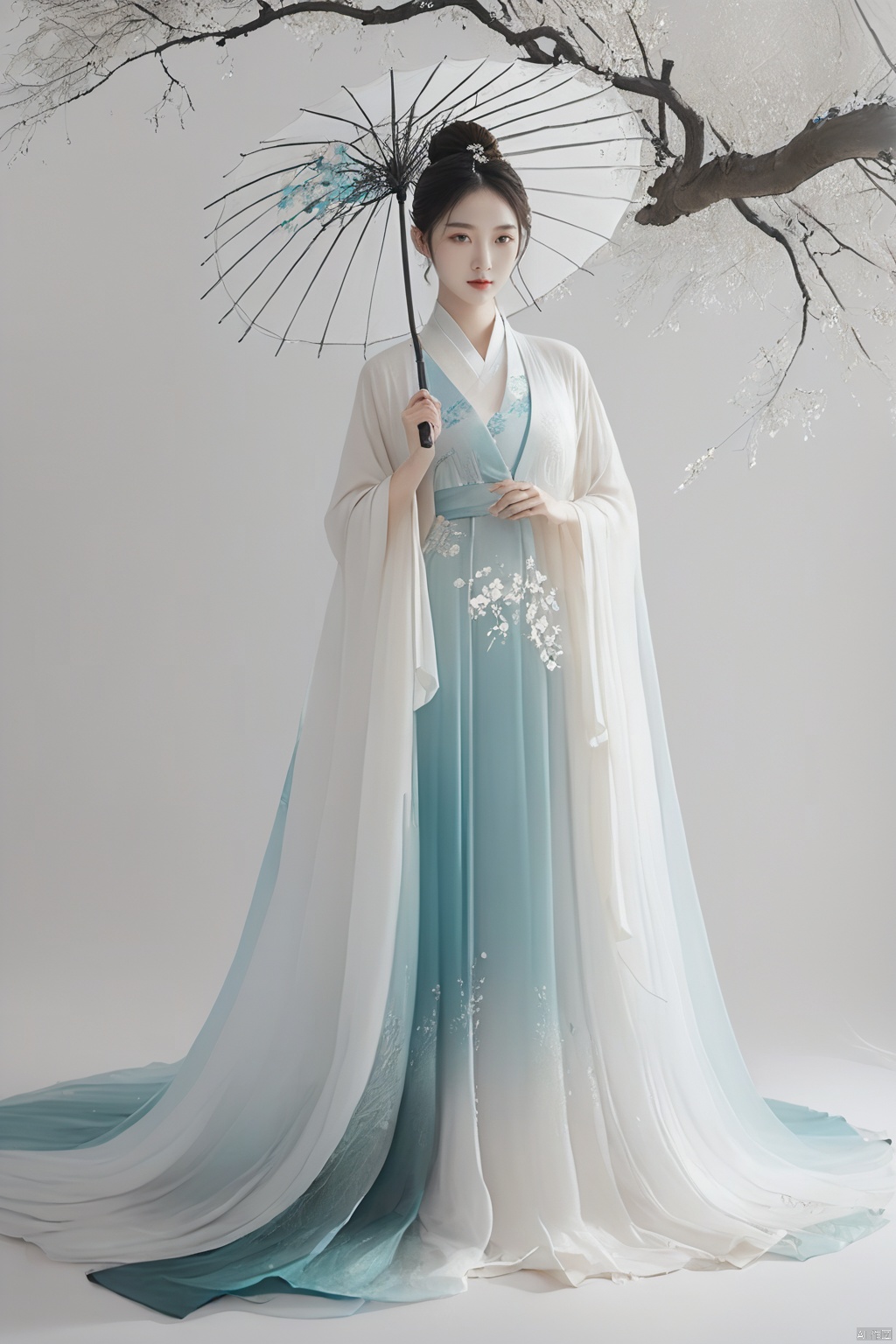 
/I Foreground a tree, an ancient Chinese beauty holding an umbrella, cyan and white color matching, ink painting minimalist style, large white space, tulle translucent material, soft gradient, perspective aesthetics