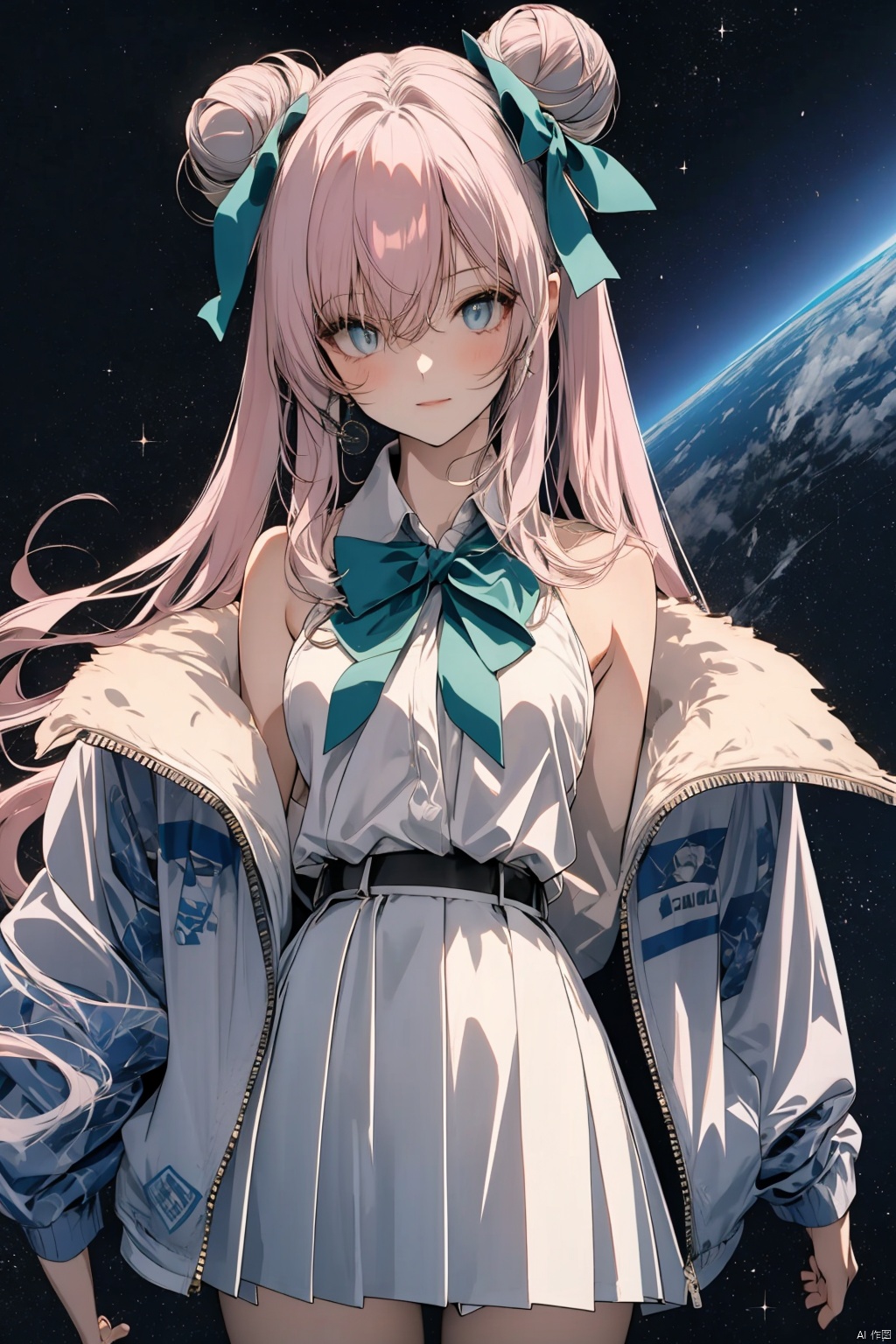  no cloth, cute girl，Long hair, light blue hair, pink streaks of hair, space bun hairstyle, flower hairpin, blue eyes, long-sleeve, button-up white shirt, a gray jacket with blue-green stripes, a red bow, dark blue-green pleated skirt, school background, add_detail:1, add_detail:0, add_detail:0.5
