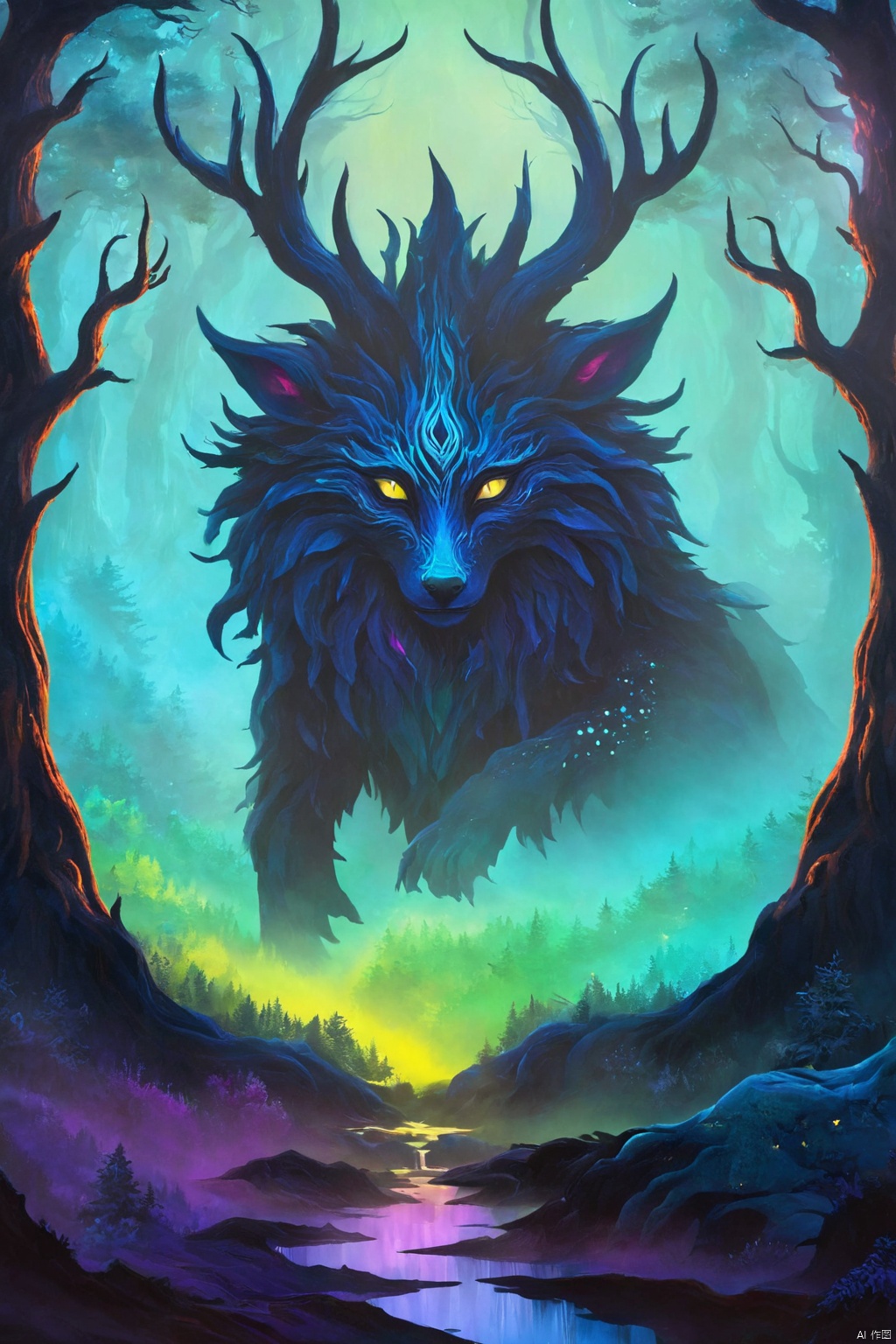 Please create a Dark creature, Sylvan, the Guardian of the Forests, Explore your creativity to portray this mystical and imaginary creature. Play with vibrant colors, unique shapes and intriguing textures to make the image unique and engaging. I'm excited to see your artistic interpretation of the Dark creature, Do Sylvan, the Guardian of the Forests