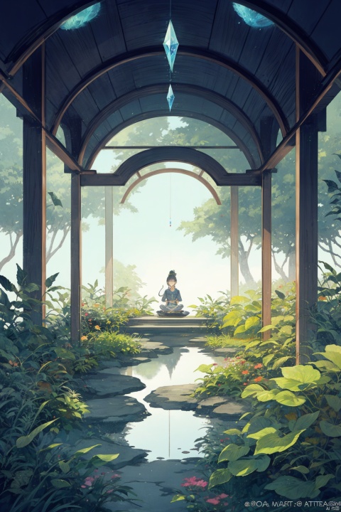 A peaceful garden, a young girl meditating, finding serenity, organic and geometric shapes, warm and cool tones, pastel colors, crystal reflections, illuminated by moonlight, detailed plants and flowers, a peaceful atmosphere, surreal and dreamy, fantasy elements, hyper realistic digital art, trending on Artstation.