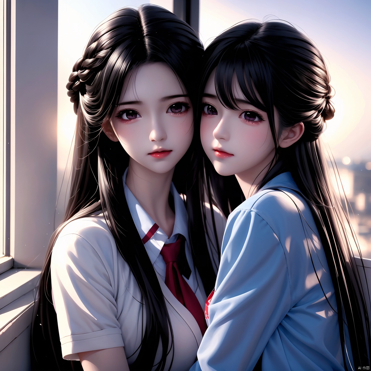 best quality masterpiece,8k,(detailed shoujo manga style:1.4),2girls,beautiful,absurdres,school uniform,yuri,serafuku,eye contact,school window sunset lighting