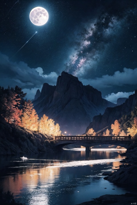 A painting of a river with stars and moon in the sky,concept art inspired by Tosa Mitsuoki,pixiv contest winner,best quality,fantasy art,beautiful anime scene,a bright moon,moonlit starry environment,dream painting,Anime Background Art,Fantasy Landscape Art,Fantasy Night,Anime Background,Background Artwork,Fantastic Art,Atmospheric Anime,Starry Sky,Detail Enhanced.