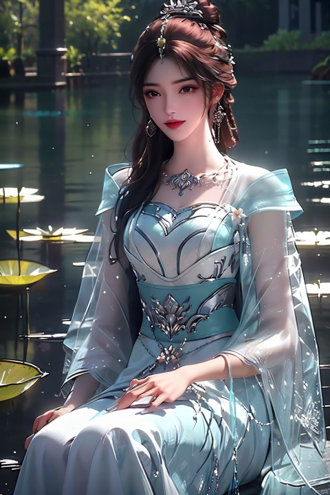 Clear face, masterpiece, ultra-detailed, epic composition, high quality, highest quality, 4k, a beautiful girl, turquoise dress, sitting on a large lotus leaf, lotus, sunlight