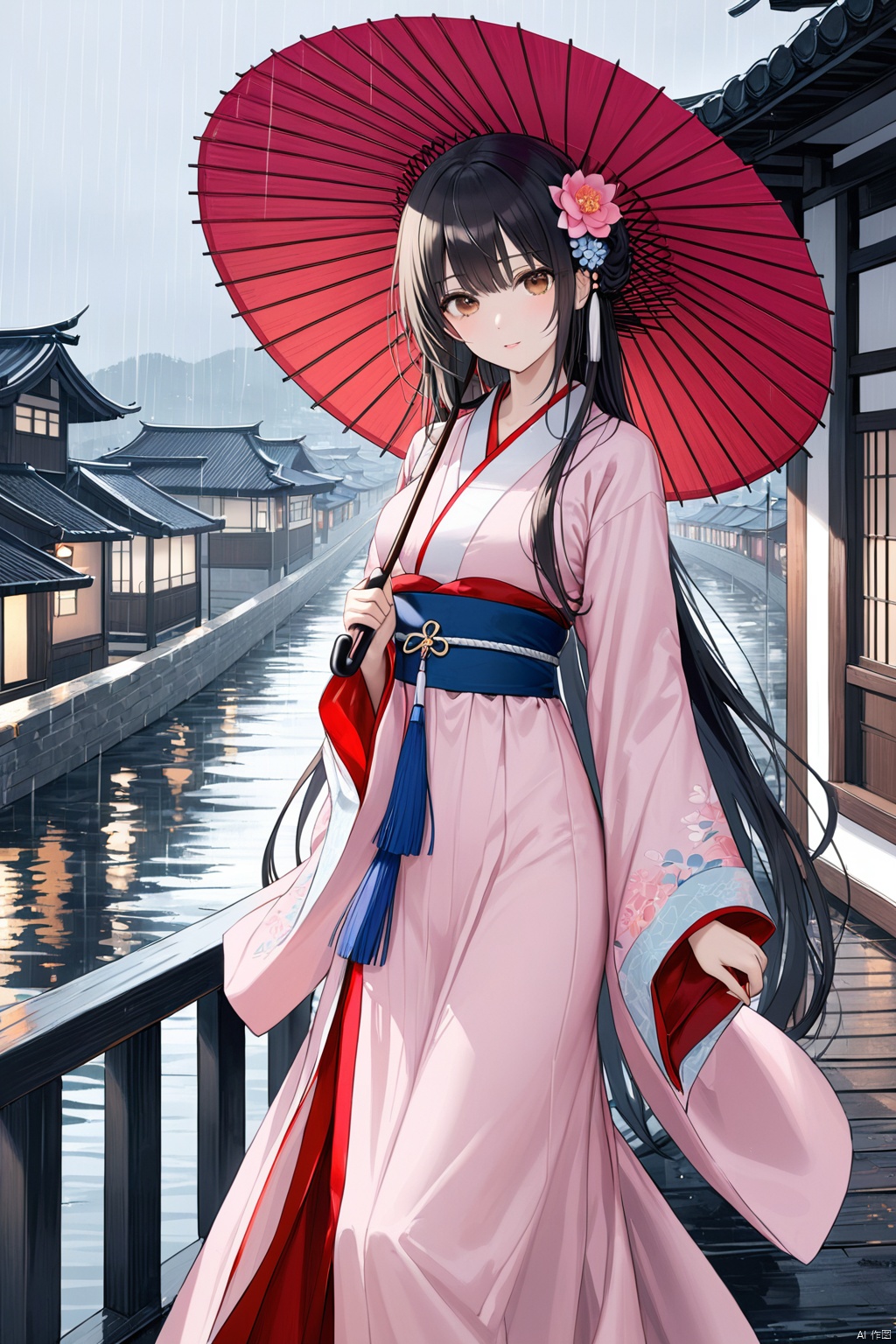  the best quality, (((masterpiece))), (((best quality))), ((ultra-detailed)), super details, fine fabrics, high detail skin, finely detailed eyes and detailed face,smooth skin,extremely fine and detailed,Perfect details, high resolution,raining,oil-paper_umbrella,holding_umbrella,standing on a bridge,houses with white walls and black roofs,breasts,slim body, looking at viewer,black hair,brown eyes,very long hair,ring hair,hair_flowers,tassels,hair ornament, hanfu,pink dress,wide_sleeves,long dress, cowboy_shot