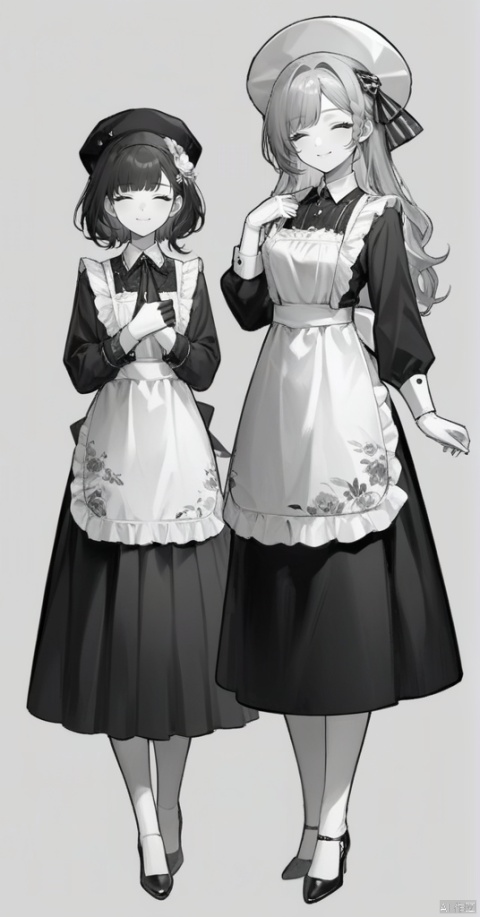 2girls, apron, black_headwear, closed_eyes, closed_mouth, dress, facing_viewer, floral_print, floral_print_apron, full_body, gloves, gradient_background, greyscale, hand_on_own_chest, hand_on_own_face, hat, high_heels, holding, long_hair, long_skirt, long_sleeves, looking_at_viewer, monochrome, multiple_girls, nakko_(7nt5ta), parted_bangs, ribbon, scroll, short_hair, skirt, smile, standing, white_background, white_headwear, best quality, masterpiece, nai3