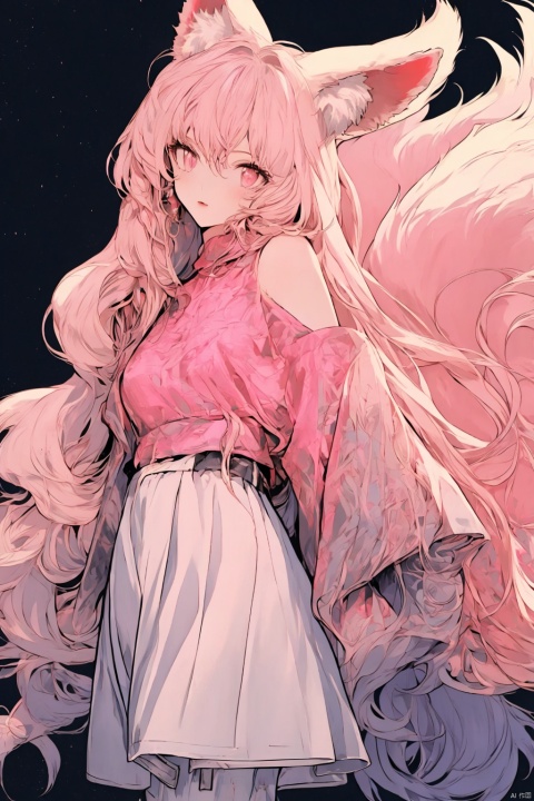 dynamic angle, wide shot, ((Pink light:1.2)), mature female, light pink hair, red crimson  eyes, fox ears, red fox tails, ((night:1.2)), cowboy shot, ((red and pink atmosphere:1.0)), glowing fox tails, ((9 tails:1.2)), red body glow, beautiful face, masterpiece, best quality, extremely detailed cg unity 8k wallpaper, high-quality, ultra-detailed, depth of field, illustration, beautiful detailed wallpaper, accurate anatomy to hands and fingers, mksks, Art Style 2.0, starrystarscloudcolorful, lora:more_details:0.5