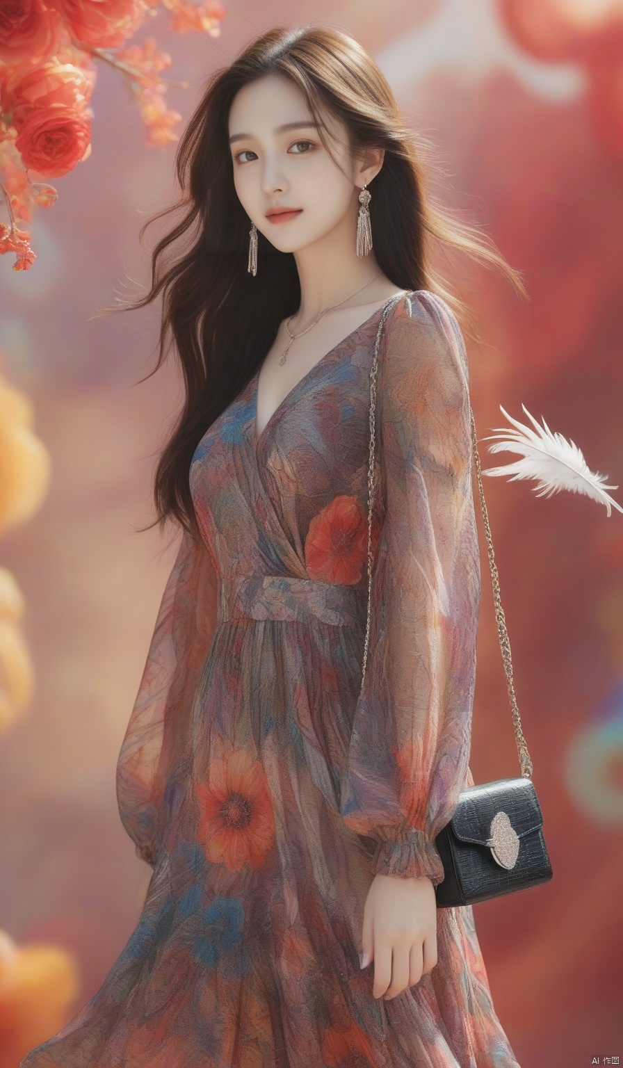  1girl, long_hair, looking_at_viewer, smile, brown_hair, black_hair, long_sleeves, dress, holding, jewelry, standing, full_body, earrings, outdoors, solo_focus, bag, blurry, high_heels, blurry_background, cellphone, smartphone, holding_phone, handbag, fashion,(1girl:1.3), extremely detailed,(fractal art:1.1),(colorful:1.1)(flowers:1.3),highest detailed,(zentangle:1.2), (dynamic pose), (abstract background:1.3), (shiny skin), (many colors:1.4), ,(earrings), (feathers:1.5) , (Flamethrower:1.3),red background, Phoenix dress