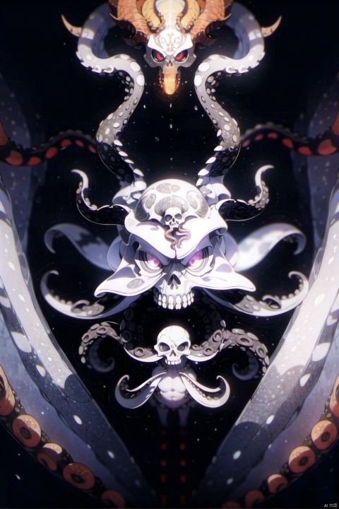 best quality,ancient evil skull resempling an octopus with arms made of vertibrae,horns,higly detailes,intricate