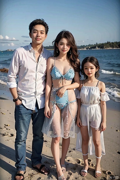 There are three people standing on the beach with their children,on the beach,on the beach,on the beach,on a vacation photo,a happy family standing near the beach,at sea,head photo,beach photo,standing on the beach,inspired by Eiichiro Oda,a family photo