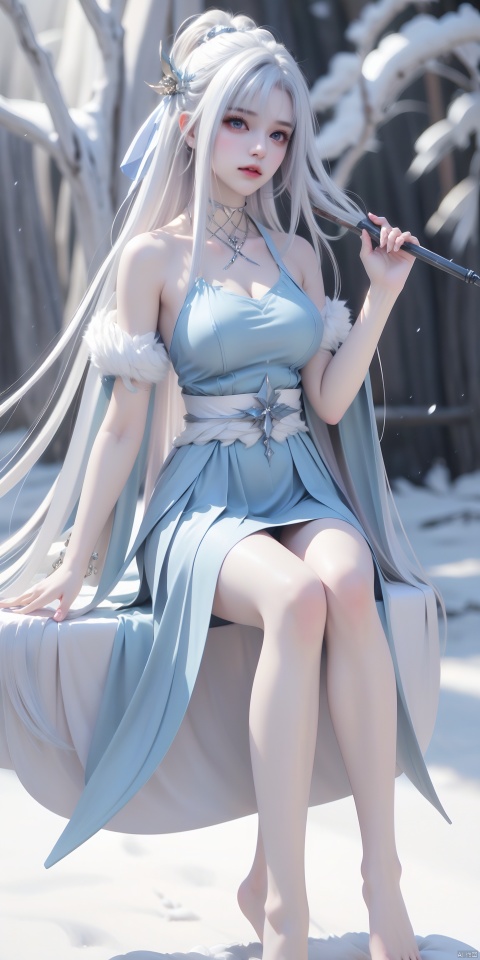  LN,1girl,solo,barefoot,dress,white hair,blue eyes,long hair,hair ornament,jewelry,fur trim,blue dress,bare shoulders,looking at viewer,snow,snowing,tree,outdoors,bare tree,blue theme,(sitting:1.3), (raw photo:1.2),((photorealistic:1.4))best quality,masterpiece,illustration,an extremely delicate and beautiful,extremely detailed,CG,unity,8k wallpaper,Amazing,finely detail,masterpiece,best quality,official art,extremely detailed CG unity 8k wallpaper,absurdres,incredibly absurdres,huge filesize,ultra-detailed,highres,extremely detailed,beautiful detailed girl,cinematic lighting,1girl,pale skin,tall female,(perfect body shape),skinny body,Slender legs,CQB,CQC,sniper rifle,battle girl,muzzle flash
