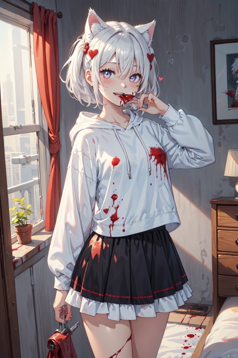 masterpiece, 1girl, mature female, afro hair, white hair, big thigs, fat body, yandere face, knife in the hand, heart-shaped pupils, blood on face, blood on clothes, white small skirt, hoodie with cat ears, scar on face, hair between eyes, smiley face, canine teeth, fat, fat, solo, bedroom, blood in mouth, afro, afro puffs