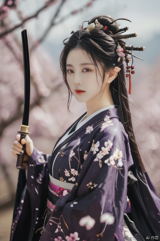 1girl, purple hair, dark purple hair, purple clip on hair, wearing Japanese clothes, Japanese clothes, purple and white Japanese clothes, holding a sword, holding a purple shiny sword, glowing purple sword, Japanese type sword, background charry blossom trees, beautiful pinkish charry blossom trees, dark purple sky, look at the view, vibrant colors, masterpiece, sharp focus, best quality, depth of field, cinematic lighting, lora:more_details:0.5, Mommy Waifus
