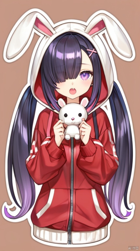  1girl, ame-chan_(needy_girl_overdose), animal_hood, animated, awayuki_(awyk_1), black_hair, bow, brown_background, character_doll, chibi, commentary_request, doll, hair_ornament, hair_over_one_eye, holding, holding_doll, hood, hood_up, hoodie, long_hair, looking_at_viewer, needy_girl_overdose, official_alternate_costume, open_mouth, outline, pill, purple_eyes, purple_hair, rabbit_hood, red_hoodie, solo, twintails, upper_body, video, white_bow, white_outline, x_hair_ornament, autoappealing, autoappealingdb, best quality, masterpiece, nai3