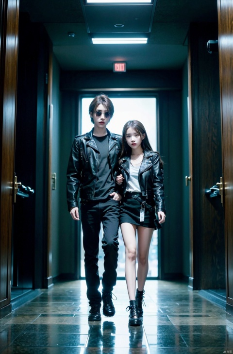 Poster,two people,a boy and a girl,party duo shining picture,dual character image,rebellious,black,leather jacket,colorful,artdeco,((ultra-wide angle lens)),tone mapping,dramatic lighting,(8k resolution)