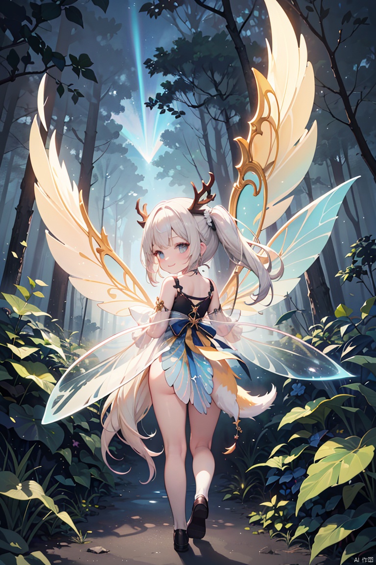  smile,masterpiece,simple background,best quality,Professional,Vivid Colors,extreme detail description,platinum blonde hair,twintails,no humans, in fantasy forest, forest path, (a celestial fox:1.3), antlers, running, looking back, backlighting, dazzle light, prism effects, contrasty, dynamic shade, (transparent fairy wings:1.2), silhouette, childbook, childbook