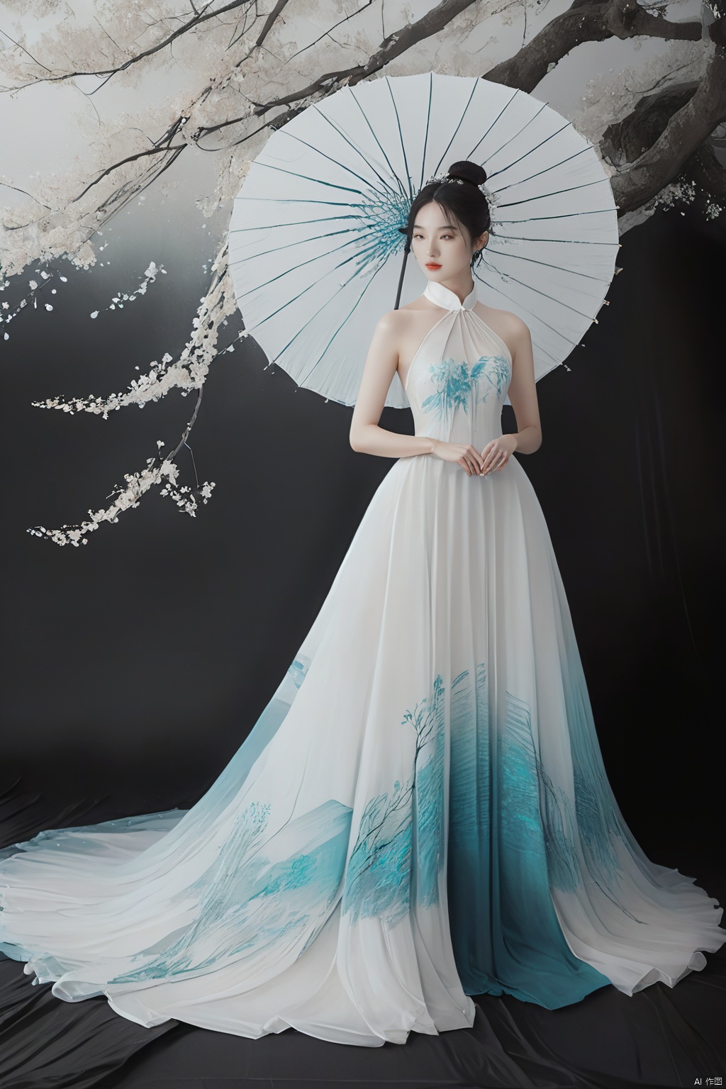  
/I Foreground a tree, Chinese beauty holding an umbrella, cyan and white color matching, ink painting minimalist style, large white space, tulle translucent material, soft gradient, perspective aesthetics