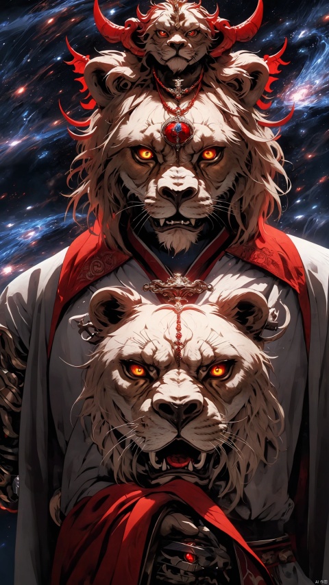  masterpiece,best quality,extremely high detailed,intricate,8k,HDR,wallpaper,cinematic lighting,(universe:1.4),dark armor,glowing eyes,anthropomorphic lion mecha,holding a sword,red jewel on sword