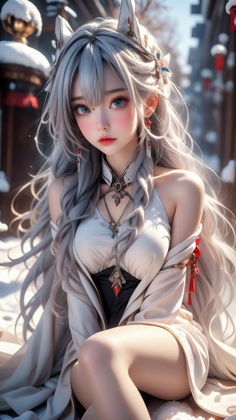  (best quality), (real), (masterpiece), absurdres, realistic, 1girl, goddess, Perfect face, beautiful face, perfect eyes, beautiful eyes, very long hair, silver hair, white hairband, big chest, crystal earrings, cross necklace, White Coat, big scarf, sitting, Leg, winter, snowy day, Arc de Triomphe
，trees, rain, raindrops, Girl, glasses, dumbfounded expression, sitting, knee, ultra_detailed, (hyper_deformed:1.5), anime style