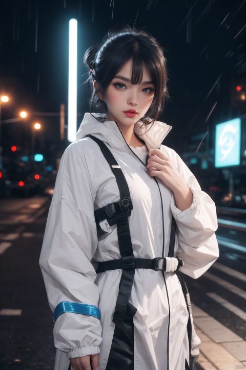 1girl,lady with cybernetic parts,glowing visor,short light blue hair,techwear,oversized black jacket,skyscraper outdoors,neon rim light,night,rain,volumetric lighting,realistic,cowboy shot