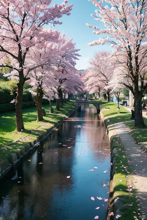 original,(illustration:1.1),(best quality),(masterpiece:1.1),(extremely detailed CG unity 8k wallpaper),(colorful:1.2),sakura tree,sakura petals,landscape,river,road