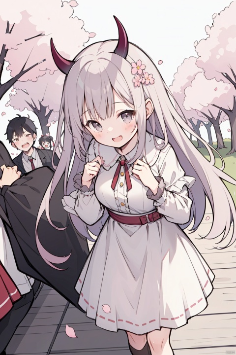Cute anime girl, long white hair, gray eyes, devil horns, white dress, solo focus, outdoors, long loose hair, looking at camera, open mouth laughing, blush, chest, smile, open mouth laughing, cherry blossoms Walking along the tree line, cherry blossoms, cherry blossom blizzard