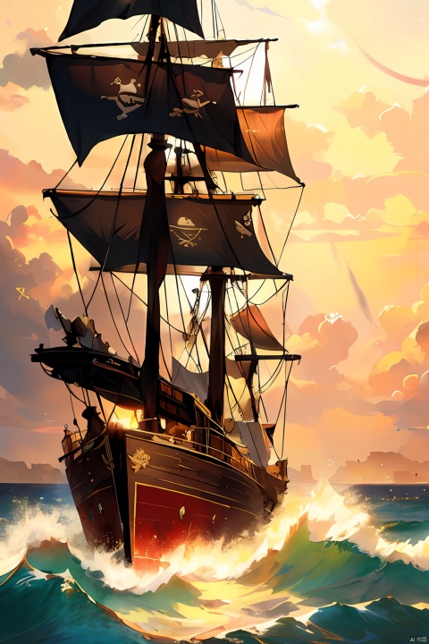 High-quality pirate ship,seascape,sunset,soft and warm colors,focal length on the ship,smoke,sails,fear in the eyes of the heroes,golden light,retro-futuristic filter