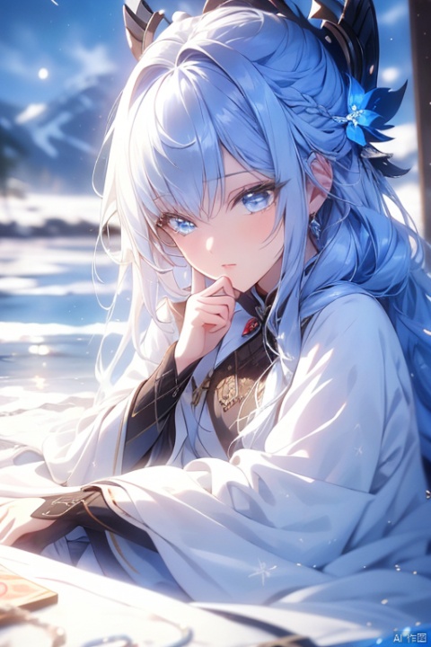  best quality ,masterpiece, ultra-detailed, highres, a girl, extremely detailed eyes and face, light on face,cinematic lighting,turning around,looking down,(put finger to lips,shushing:1.2), Sitting on a small ice mound,side sitting,silver hair,fluffy bangs, long hair,hair strand,wind,depth blue and light blue eyes,white detail robe，Fireworks, mountains, moonlight