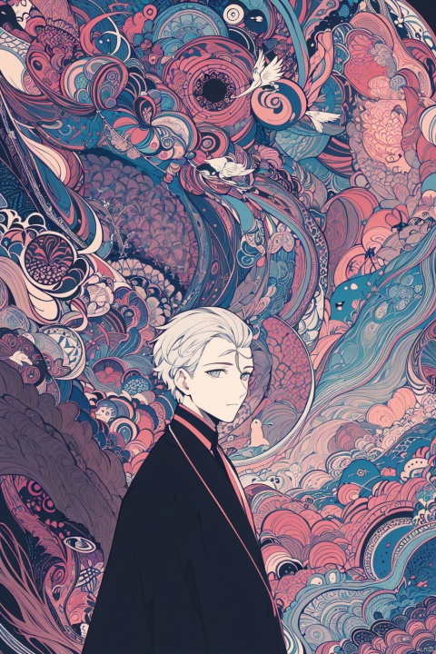  realistic, masterpiece,top quality,best quality,official art,beautiful and aesthetic,extremely detailed,fractal art,colorful,highest detailed,zentangle,(abstract background:1.5),(1boy:1.3),(birds),silver hair,bright eyes,hair slicked back,short hair,black robe