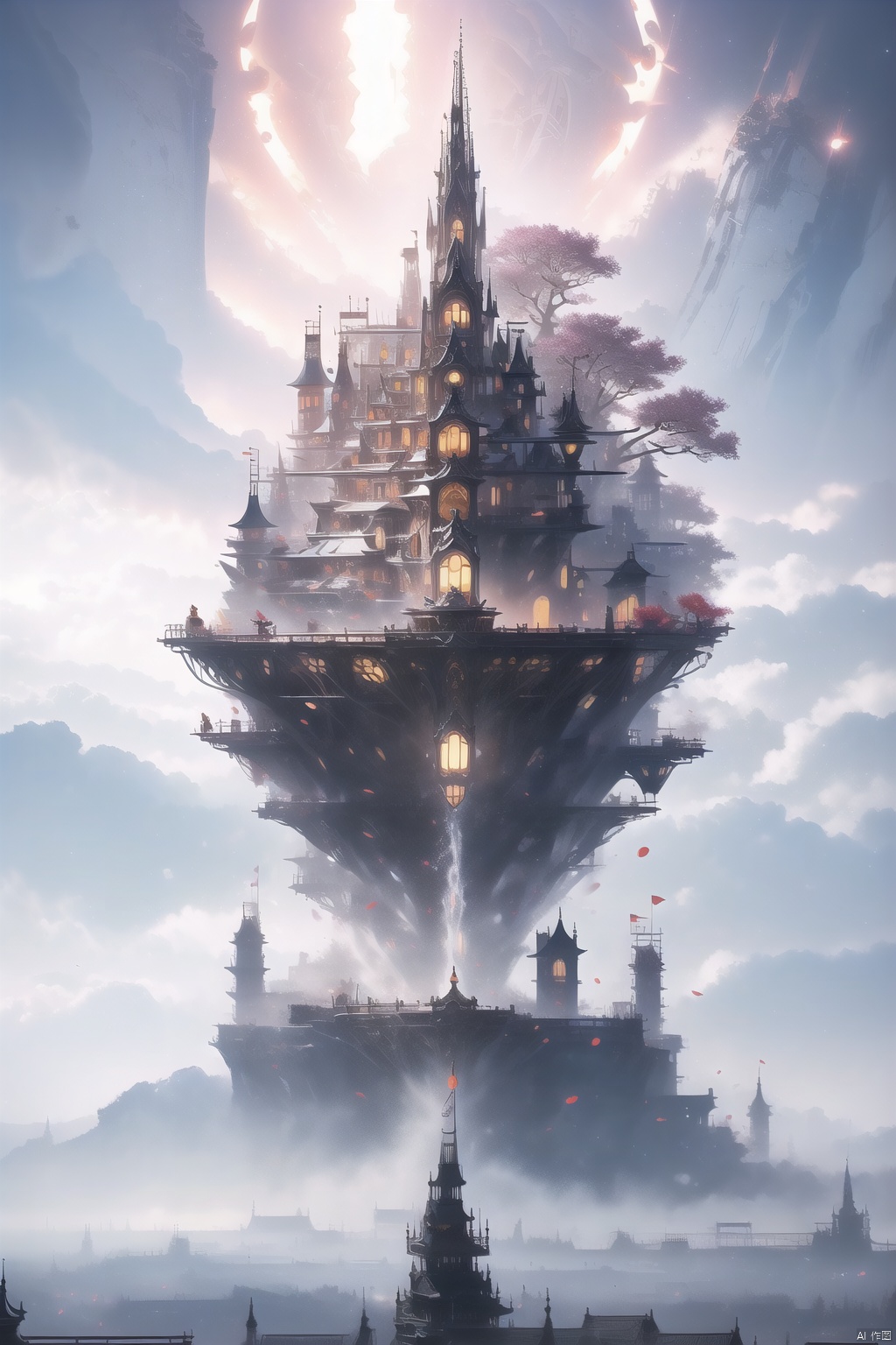 Color (Fantasy), (Hayao Miyazaki style), sky city, (irregular building floating in the air), patchwork houses, flower decorations, lights, concept art inspired by Andreas Rocha, Artstation contest winner, fantasy art, ross tran, light shafts, realistic lighting, masterpiece, high quality, beautiful graphics, high detail, masterpiece, high quality, beautiful graphics, high detail