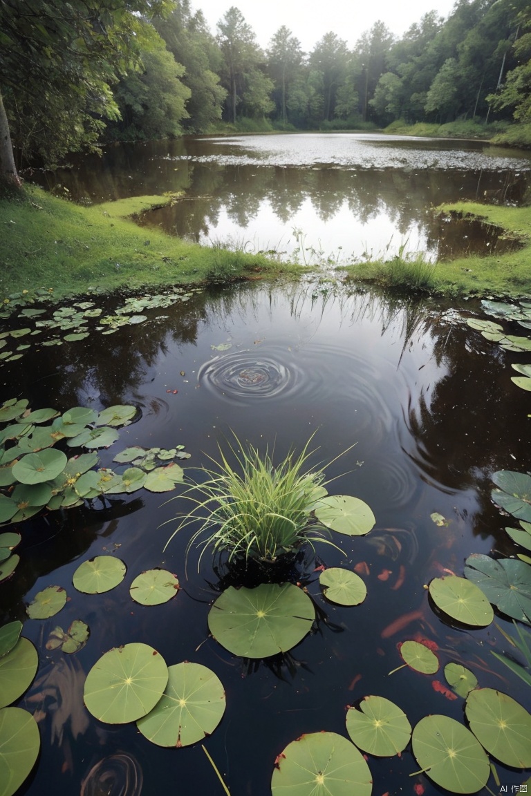 Small anthill made out of flowers and grass on a lilypad on a pond in a mythical Forest with fairys and butterflies around it fireflies