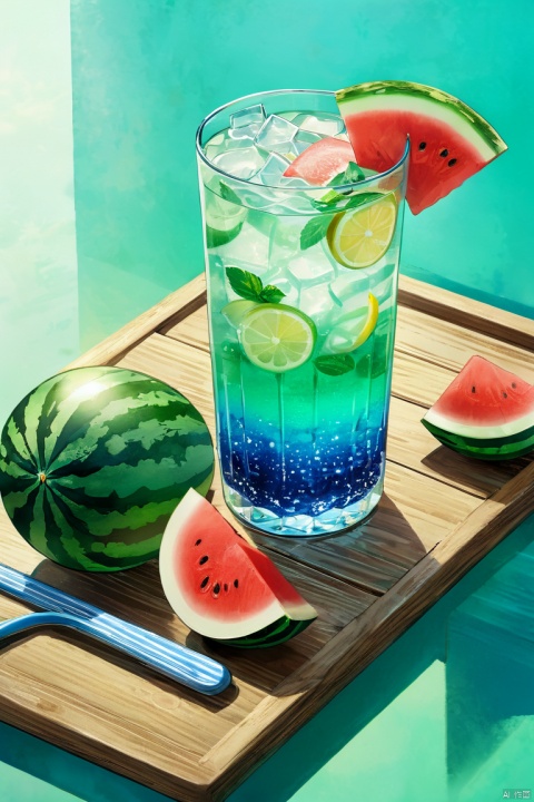 In summer,a cool iced drink,glass,good-looking glass,perfect glass,sparkling water,blue to green gradient,mint,lemon,placed on a wooden tray with a few pieces of watermelon next to it