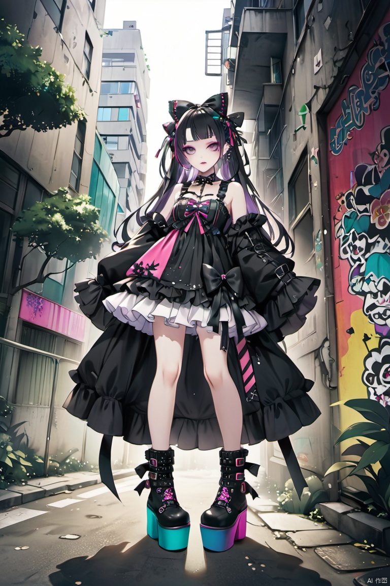  High fashion gothic Lolita street style photographed by Demonakos of a porcelain-skinned girl in an apocalyptic Harajuku outfit, black buckled platform boots, ruffled petticoat peeking below an embellished babydoll dress, huge bow headpiece, vibrant pop colors contrasted against a concrete jungle.