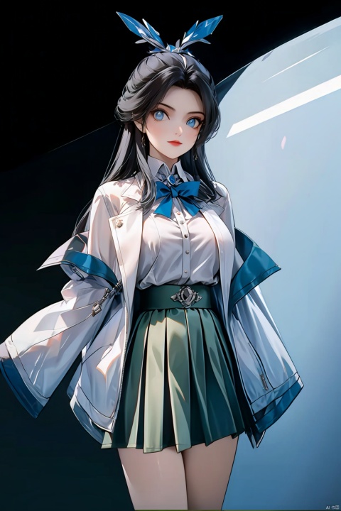  Long hair, light blue hair, pink streaks of hair, space bun hairstyle, flower hairpin, blue eyes, long-sleeve, button-up white shirt, a gray jacket with blue-green stripes, a red bow, dark blue-green pleated skirt, school background, add_detail:1, add_detail:0, add_detail:0.5