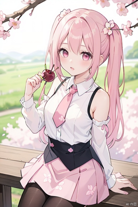 1girl,Solo,Pink hair,Pink eyes,Twin tails,Food-themed ornaments,cherry ornament,(cherry blossom print),Sleeveless,Sleeveless shirt,Parted sleeves,White shirt,Pink tie,Petals,Pink skirt,Rim light,pink pantyhose,bare shoulders,pink sleeves