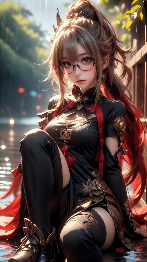 trees, rain, raindrops, Girl, glasses, dumbfounded expression, sitting, knee, ultra_detailed, (hyper_deformed:1.5), anime style