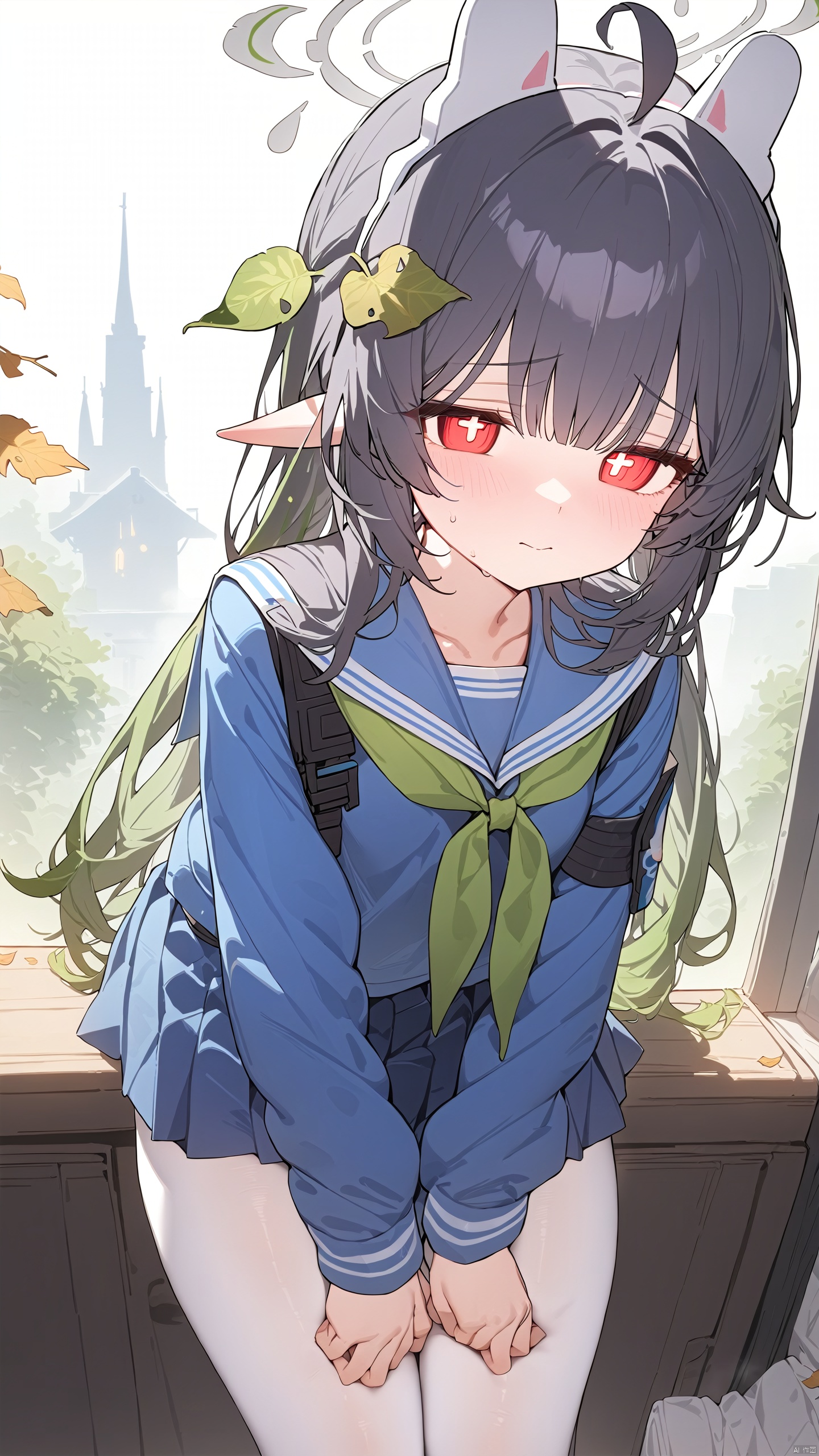  masterpiece, best quality, ,miyu \(blue archive\), 1girl,halo,leaf on head, ahoge,animal ears,black hair,long hair,red eyes,green neckerchief,blue school uniform,sailor collar,long sleeves,pleated skirt,white pantyhose, miyu \(blue archive\)，(masterpiece:1.3),( beautiful:1.2),(high quality:1.2),(finely detailed:1.2),(beautiful eyes:1.5),(glowing eyes:1.1),shiny hair,best quality,masterpiece,a very delicate and beautiful,(one cute girl at the center:1.2),(solo:1.3),nahida \(genshin impact\),cross-shaped pupils,(ponytail,pointy ears,:0.6),cowboy shot