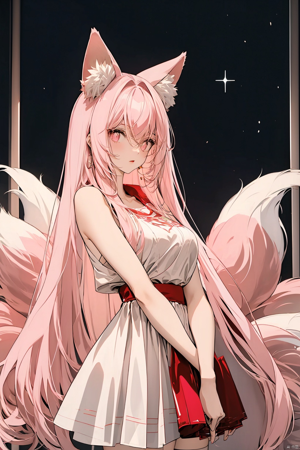 dynamic angle, wide shot, ((Pink light:1.2)), mature female, light pink hair, red crimson  eyes, fox ears, red fox tails, ((night:1.2)), cowboy shot, ((red and pink atmosphere:1.0)), glowing fox tails, ((9 tails:1.2)), red body glow, beautiful face, masterpiece, best quality, extremely detailed cg unity 8k wallpaper, high-quality, ultra-detailed, depth of field, illustration, beautiful detailed wallpaper, accurate anatomy to hands and fingers, mksks, Art Style 2.0, starrystarscloudcolorful, lora:more_details:0.5