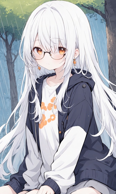  [nai3],1girl, solo, white background, long hair, hair over one eye, jewelry, earrings, simple background, shirt, jacket, upper body, looking at viewer, white hair, white shirt, orange eyes, closed mouth, blue jacket, open clothes, open jacket, bangs, grey jacket, wavy hair，trees, rain, raindrops, Girl, glasses, dumbfounded expression, sitting, knee, ultra_detailed, (hyper_deformed:1.5), anime style