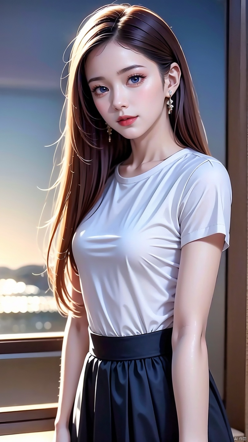  （Original photo of 8K,best qualtiy,tmasterpiece：1.2）,（Medium view）,the night,Night on a yacht,Sea and night view in the background,best qualtiy,tmasterpiece,（Small mouth：1.2）,short- sleeved,short- sleeved,short- sleeved,short- sleeved,an extremely delicate and beautiful one,,astounding,finely detailled,tmasterpiece,Best quality at best,（age 22：1.2）,Narrow waist,Slim,is shy,Pure,adolable,Bushy hair,Soft hair,big breasts beautiful,A detailed eye,（long whitr hair：1.2）, 1 girl, 1girl