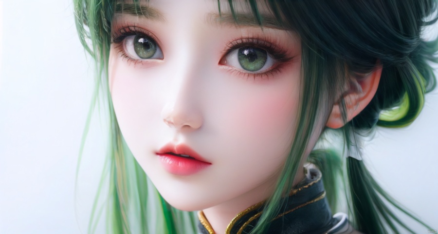 blunt bangs, masterpiece, best quality, best illustration, ultra-detailed, upper body, solo, 1 girl, looking at viewer, upright, arms at sides, beautiful detailed eyes, concept art, white background, simple background, white hair, green gradient hair, short sleeves, watercolor pencil, expressionless, blush, virtual youtuber, short hair