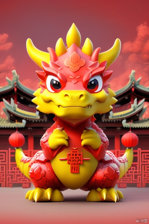 Draw a dragon with a Chinese New Year atmosphere, with a red background and a variety of ancient Chinese buildings in the background, paopaoma