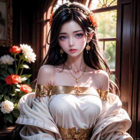  {{masterpiece}}, {best quality}}, {superfine}, {{extremely thin}, 4K, {8K}, best quality, {beauty}, a girl, solo, taking a selfie against the window, light orange and light gold style, white knitwear, advanced magazine, noble and elegant, elegant temperament, lifelike, aesthetic, floral, romantic femininity, long hair, black hair, necklace, bare shoulders, flowers, hair accessories, upper body, shoulder off, powder blusher, makeup Lips, collarbone, long sleeves, Tyndale effect, 8K, large aperture, century masterpiece

