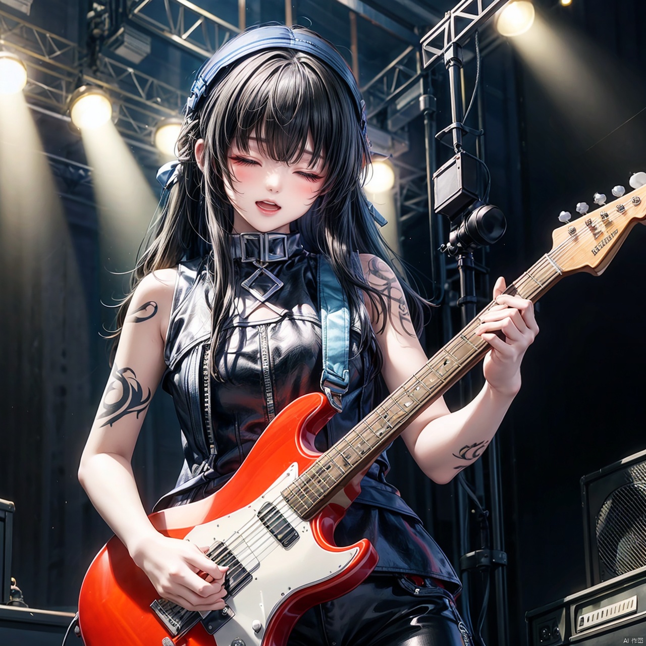 a girl playing a guitar in a concert, 1 girl, black hair, arm tatto, black hair, piercing, leather sleeveless jacket, black leather pants, closed eyes, open mouth