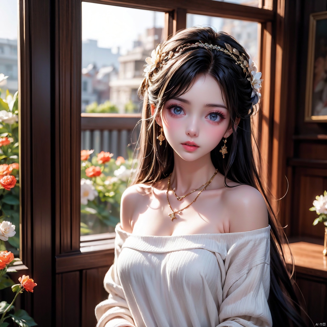 {{masterpiece}}, {best quality}}, {superfine}, {{extremely thin}, 4K, {8K}, best quality, {beauty}, a girl, solo, taking a selfie against the window, light orange and light gold style, white knitwear, advanced magazine, noble and elegant, elegant temperament, lifelike, aesthetic, floral, romantic femininity, long hair, black hair, necklace, bare shoulders, flowers, hair accessories, upper body, shoulder off, powder blusher, makeup Lips, collarbone, long sleeves, Tyndale effect, 8K, large aperture, century masterpiece

