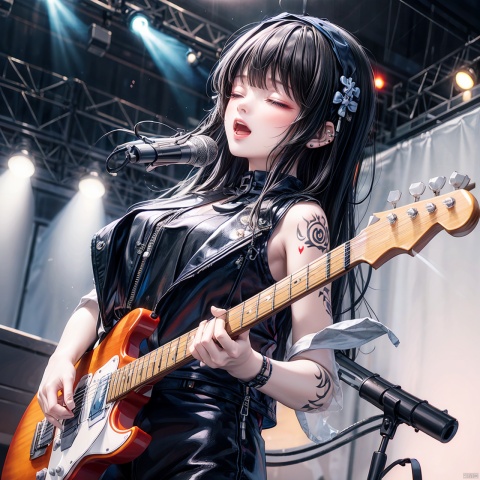 a girl playing a guitar in a concert, 1 girl, black hair, arm tatto, black hair, piercing, leather sleeveless jacket, black leather pants, closed eyes, open mouth