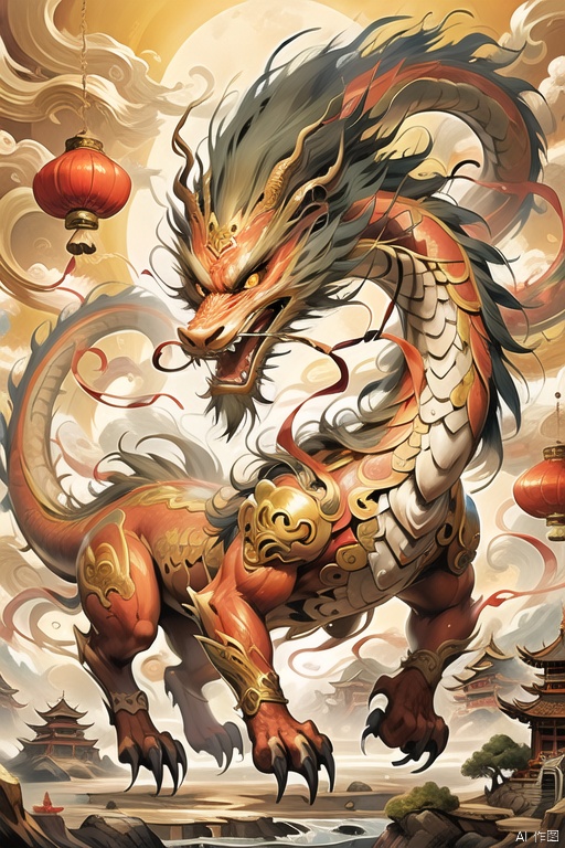 A Chinese dragon, Golden Dragon, solo, flying in the sky
