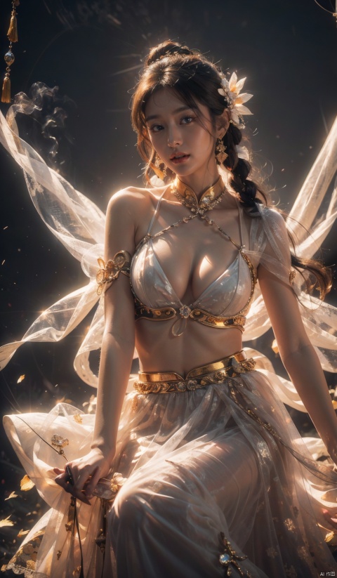  Oriental myth, (close up :1.15), (cleavage cut out, high cut, bare waist, bare legs, bare arms:1.2), Chinese dream Dununhuang Flying sky, super delicate, crystal noble Gorgeous tulle light clothes, behind a pair of translucent gorgeous white wings, soft light, gold wirvire Flying, white feathers, mystery, gems, smoke, Movie HD, lots of detail, surrealism, magic, U Unreal Engine, lighting